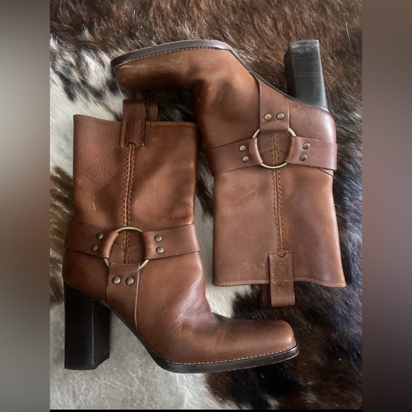 Michael Kors Shoes - Michael Kors Harness Boots Heels Brown Distressed Leather Italy 6M